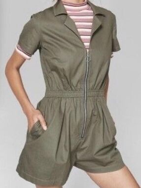 Wild Fable 100% Cotton Zippered Utility Shorts Romper — Olive Green
